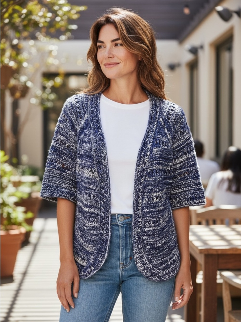 Chico’s Blue White Marled Susie Space Dye Cardigan Sweater Short Sleeve 2 12 L
